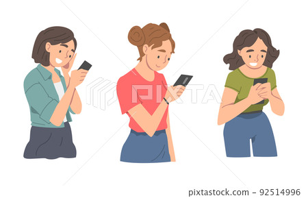 Young people using smartphones set. Cheerful girls looking at phone screen and texting cartoon vector illustration Young people using smartphones set. Cheerful girls looking at phone screen and texting cartoon vector illustration 92514996