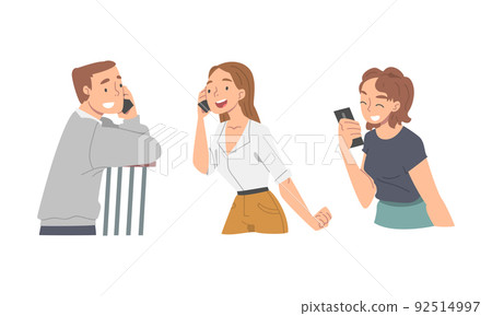 Young people using smartphones set. Cheerful people talking on phones cartoon vector illustration Young people using smartphones set. Cheerful people talking on phones cartoon vector illustration 92514997