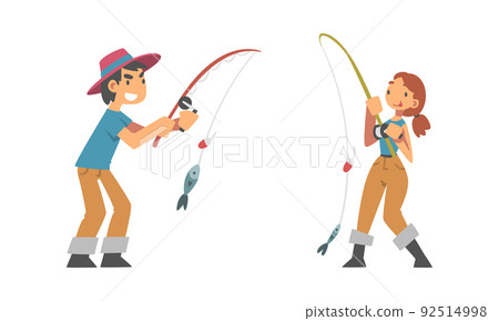 Anglers characters. People with fishing rods and caught fish cartoon vector illustration Anglers characters. People with fishing rods and caught fish cartoon vector illustration 92514998