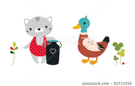 Cute animals working on farm set. Adorable cat with milk can and duckling cartoon vector illustration Cute animals working on farm set. Adorable cat with milk can and duckling cartoon vector illustration 92515056