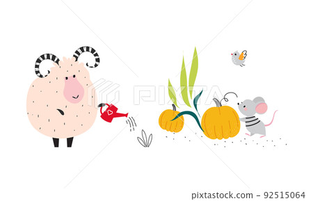 Cute animals working on farm set. Adorable sheep watering seedlings, mouse harvesting pumpkin cartoon vector illustration Cute animals working on farm set. Adorable sheep watering seedlings, mouse harvesting pumpkin cartoon vector illustration 92515064