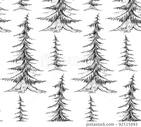 Vector seamless pattern with pencil sketch fir trees on a white background. Rustic forest background. Vector seamless pattern with pencil sketch fir trees on a white background. Rustic forest background. 92515093