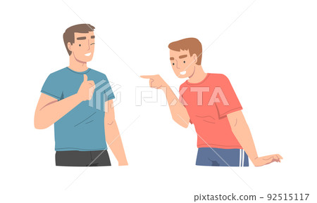 Cheerful people communicating with hand gestures set. Men showing thumbs up and pointing with index finger cartoon vector illustration 92515117