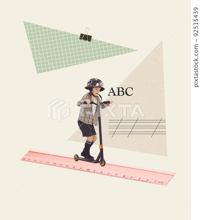 Contemporary art collage. Little boy, pupil driving on Kick scooter on ruler, learning math 92515439