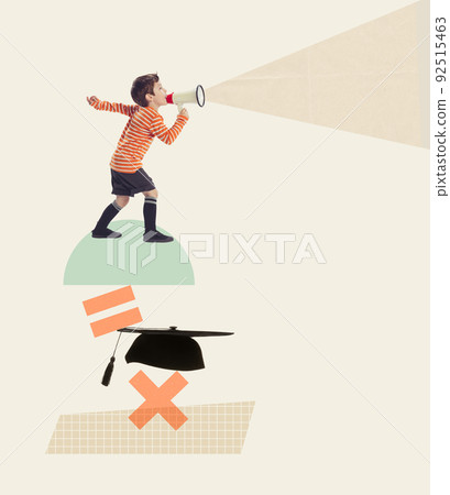 Contemporary art collage. Little boy, child shouting in megaphone. Time for studying. Lesson started 92515463
