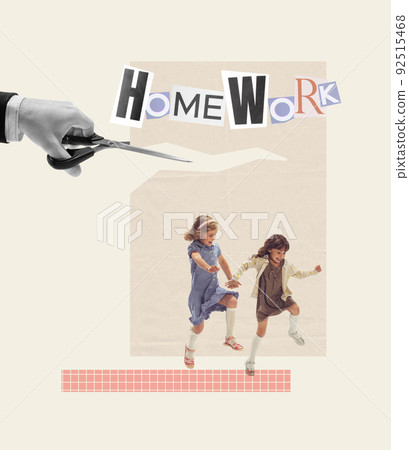 Contemporary art collage. Playful little girls, children running away from doing homework. Laziness 92515468