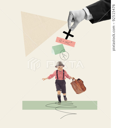 Contemporary art collage. Little boy, child walking on tiptoe with suitcase, escaping math homework Contemporary art collage. Little boy, child walking on tiptoe with suitcase, escaping math homework 92515476