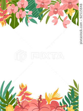 Tropical frame with palm leaves, hibiscus, strelitzia, orchid and plumeria flowers Tropical frame with palm leaves, hibiscus, strelitzia, orchid and plumeria flowers 92515648