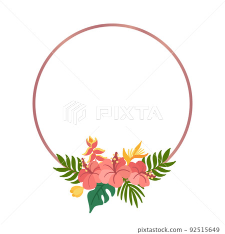 Tropical circle frame with palm leaves, hibiscus and strelitzia flowers 92515649