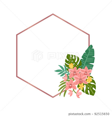 Tropical rhombus frame with palm leaves, monstera leaves, orchid and plumeria flowers Tropical rhombus frame with palm leaves, monstera leaves, orchid and plumeria flowers 92515650