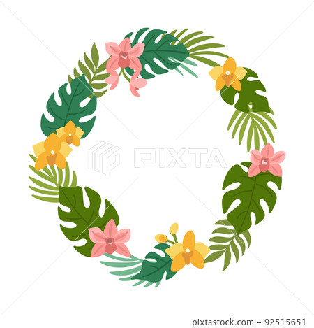 Tropical wreath of palm leaves, monstera leaves and orchid flowers 92515651