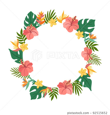 Tropical circle frame with palm leaves, hibiscus, strelitzia, plumeria flowers 92515652