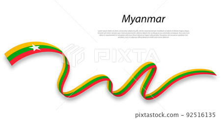Waving ribbon or banner with flag of Myanmar. 92516135