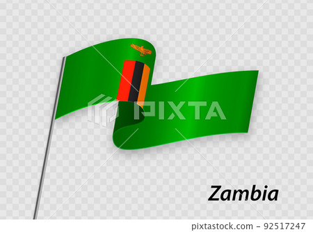 Waving flag of Zambia on flagpole. Template for independence day Waving flag of Zambia on flagpole. Template for independence day 92517247