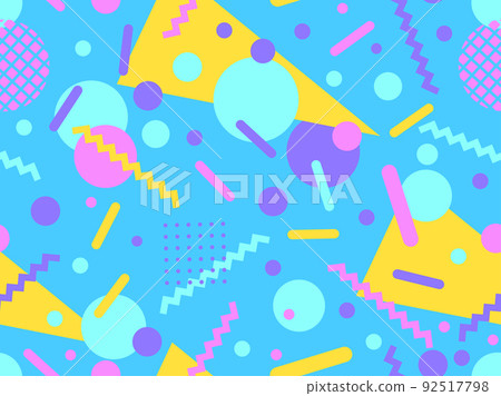 Geometric seamless pattern in 80s memphis style. Colorful background with geometric shapes. Design for promotional products, wrapping paper, brochures and printing. Vector illustration 92517798
