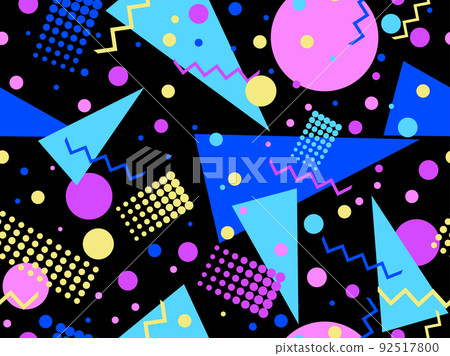 Geometric seamless pattern in 80s memphis style. Colorful background with geometric shapes. Design for promotional products, wrapping paper, brochures and printing. Vector illustration 92517800