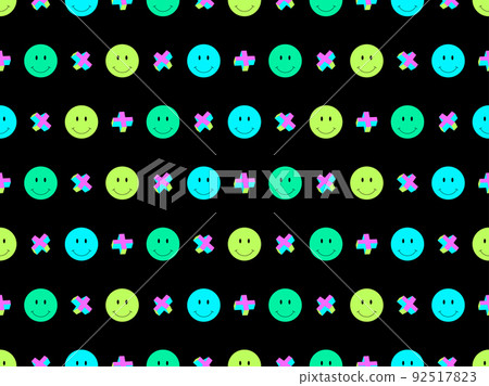 Psychedelic smile faces seamless pattern. Rave psychedelic, acid trip. Colorful emoji smile. Design for billboard, posters and banners. Vector illustration 92517823