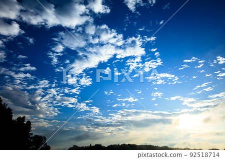 Blue sky and clouds after sunrise in summer (July, east, 25 mm) 92518714