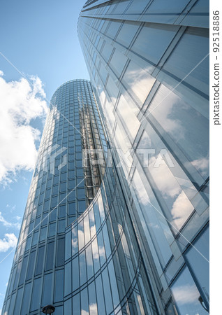 bottom view of business round modern office buildings in downtown bottom view of business round modern office buildings in downtown 92518886
