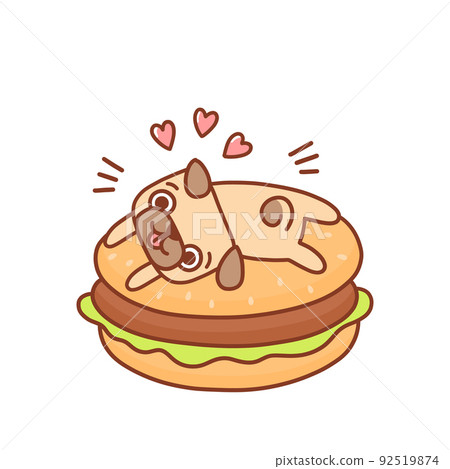 Cute kawaii pug dog and delicious burger Cute kawaii pug dog and delicious burger 92519874