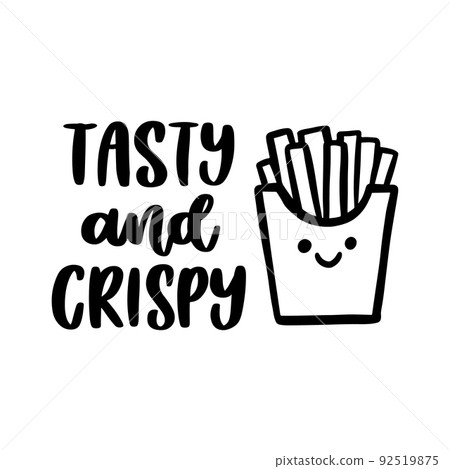 The hand-drawing inscription: Tasty and crispy, in a brush lettering style 92519875