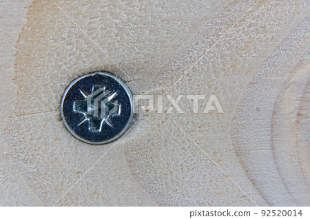 Close-up of the head of a silver galvanized self-tapping screw in a wooden board Close-up of the head of a silver galvanized self-tapping screw in a wooden board 92520014