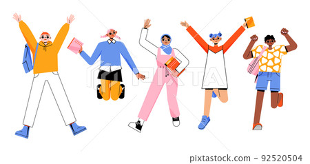 Happy jumping students with books and backpacks 92520504