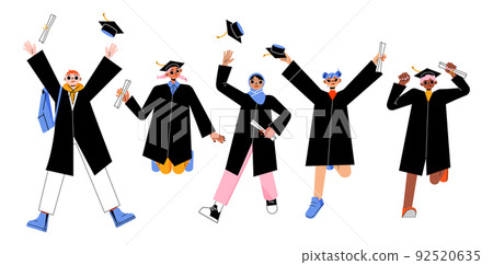 Happy students jump and throw up graduation caps 92520635
