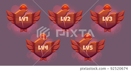 Game level ui icons, wooden shields or banners Game level ui icons, wooden shields or banners 92520674