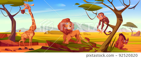 Cartoon african animals in savannah, wild beasts 92520820