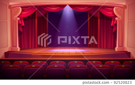 Theater empty stage with red curtains, spotlights Theater empty stage with red curtains, spotlights 92520823