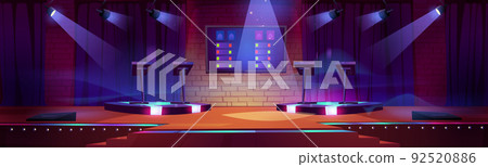 Quiz game stage interior with stands, spotlights 92520886