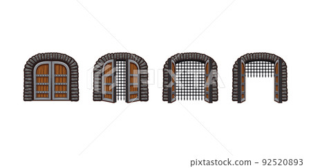 Cartoon medieval castle gates opening animation 92520893