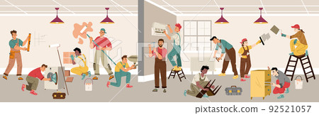 Renovation workers repair home interior, team Renovation workers repair home interior, team 92521057