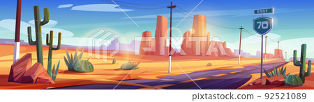 Road in desert landscape with rocks and cacti 92521089