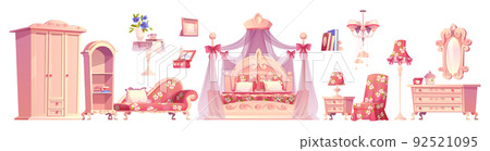 Pink bedroom, princess room furniture vector set 92521095