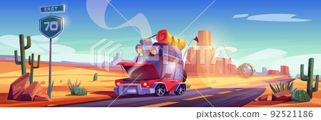 Broken car on road in desert landscape Broken car on road in desert landscape 92521186