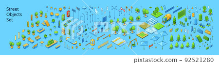 Street objects set, isometric trees, road signs 92521280