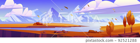 Cartoon autumn landscape, nature fall background 92521288