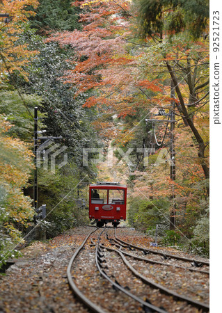 Red Mt. Tsukuba cable car going through the autumn leaves tunnel 92521723