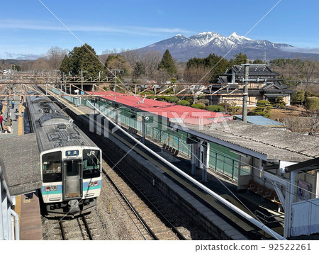 JR East Chuo Line Hinoharu Station Series 211 Train and Yatsugatake Mountain Range JR East Chuo Line Hinoharu Station Series 211 Train and Yatsugatake Mountain Range 92522261