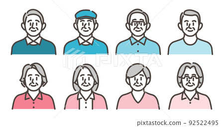 男性和女性老年人的可愛頭像圖標集[矢量插圖素材] 92522495
