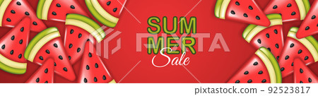 Summer sale poster with 3d slices of watermelon on red background. Summer watermelon background. Summer sale poster with 3d slices of watermelon on red background. Summer watermelon background. 92523817