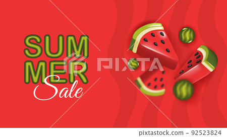 Summer sale poster with 3d slices of watermelon on red background. Summer watermelon background. 92523824