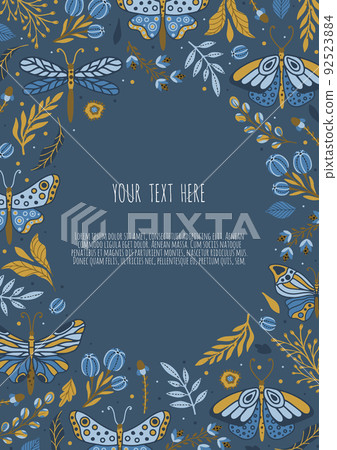 Frame with butterflies. Hand drawn colorful moth and insects. Design for packaging, label and greeting card. 92523884