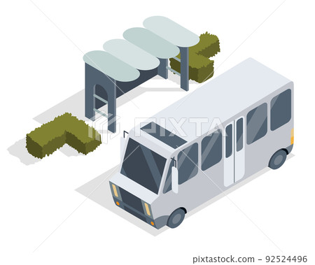City transport isometric. Waiting station without people. Public urban transportation infographic illustration.Town traffic. Vector modern 3d concept. Bus stop isolated on white background 92524496