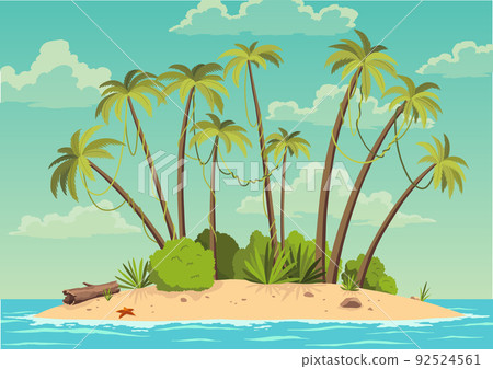 Robinson crusoe island. Desert island in ocean and palm coconut trees. Tropical paradise landscape, sandy beach flat cartoon vector illustration 92524561