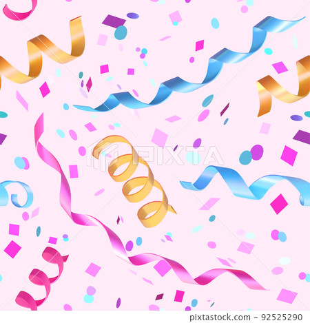 Colorful falling confetti, seamless carnival pattern. 3d realistic streamers with confetti. 92525290