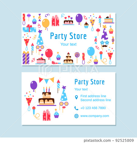 Party store visit card template. Event service business card design. Bright colorful celebrating flat identity for birthday party carnival festival. Holiday cake balloon present vector illustration. 92525809