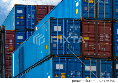 Close-up blue and red logistic container. Cargo and shipping business. Container ship for import and export logistics. Logistic industry. Container for truck transport. Freight transportation concept. 92526190